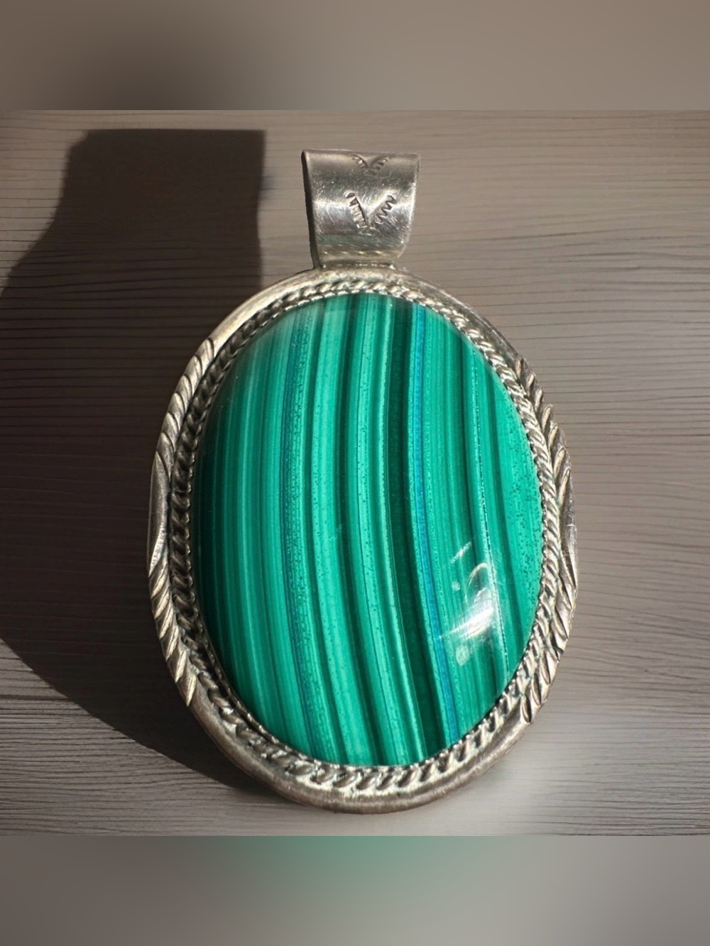 Herman Lee Navajo 925 Large Sterling Silver Tribal Malachite Pendant